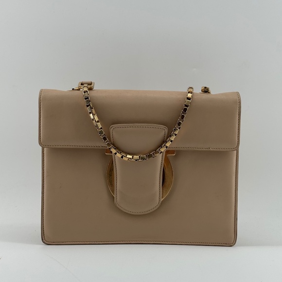 Salvatore Ferragamo Leather Shoulder Bag – Nude Beige with Gold Chain - Picture 1 of 16